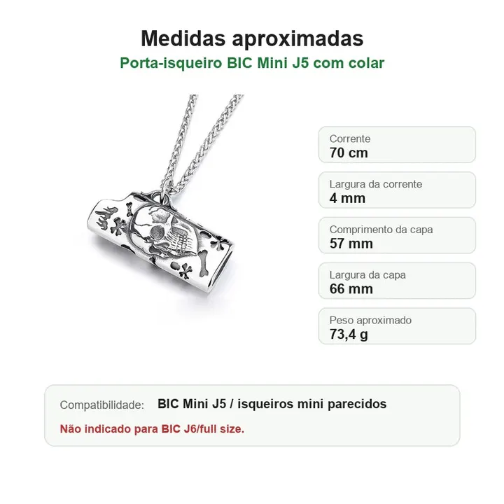 porta-isqueiro-bic-mini-j5-colar-caveira-ossos-medidas - Medidas em portugues do porta-isqueiro BIC Mini J5 com colar caveira.