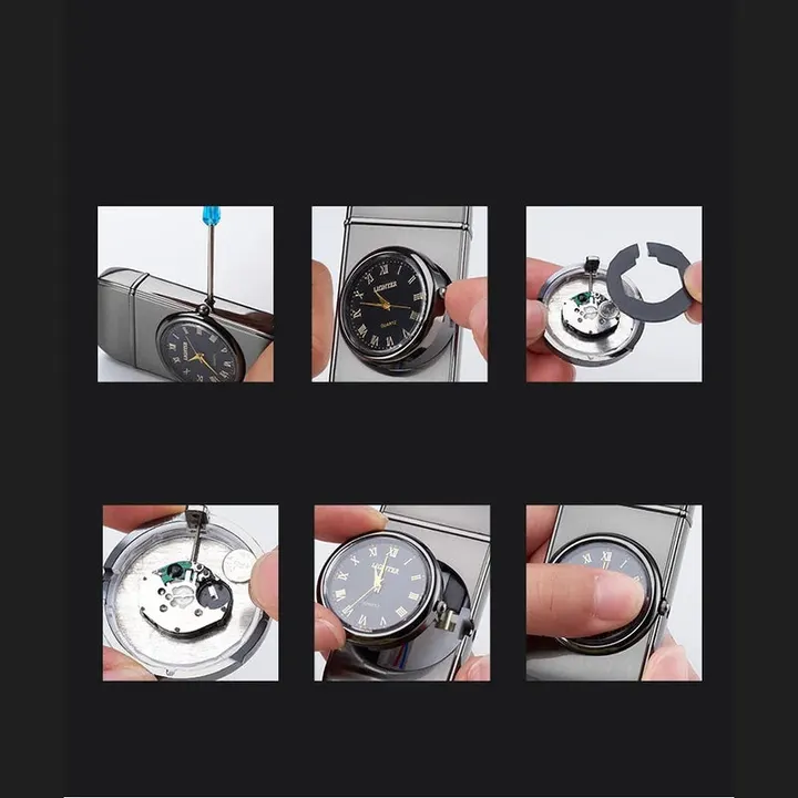 isqueiro-macarico-recarregavel-relogio-preto-detalhes-relogio - Detalhes internos do relogio analogico integrado ao isqueiro.