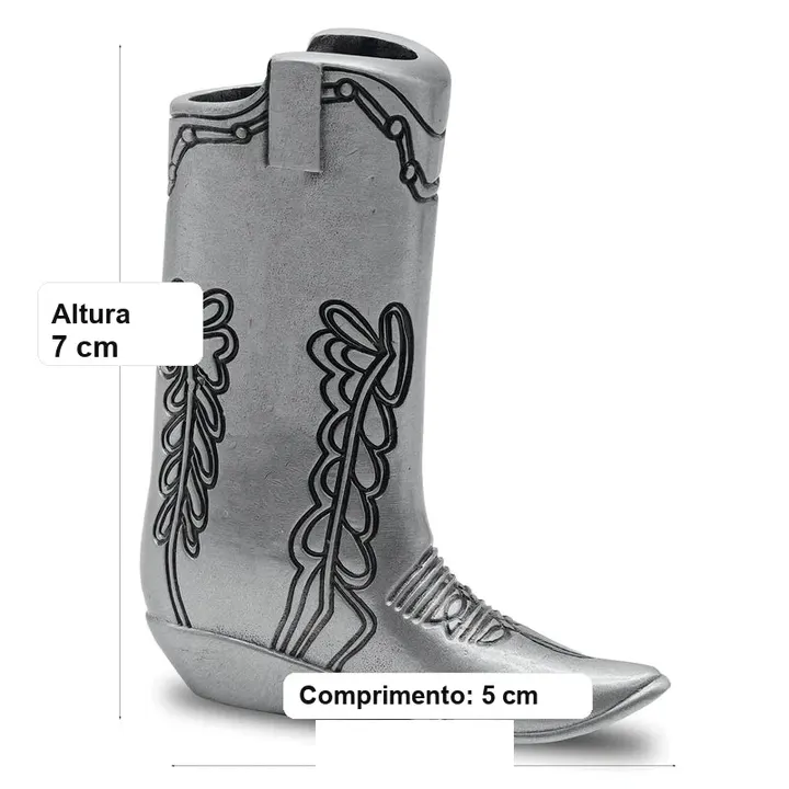 porta-isqueiro-bic-mini-j5-bota-cowboy-medidas-portugues - Medidas do porta-isqueiro BIC Mini J5 bota cowboy com altura e comprimento em portugues.