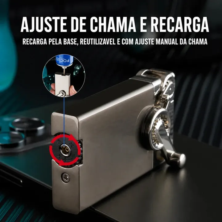 isqueiro-macarico-recarregavel-metal-cinza-areia-recarga - Imagem traduzida mostrando recarga pela base e ajuste de chama.