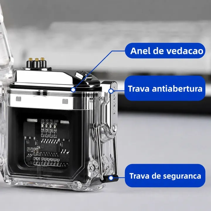 isqueiro-eletrico-recarregavel-prova-dagua-preto-travas-vedacao-ia - Imagem localizada por IA mostrando anel de vedacao e travas de seguranca.