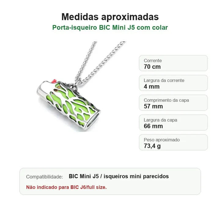 porta-isqueiro-bic-mini-j5-colar-chama-verde-medidas - Medidas em portugues do porta-isqueiro BIC Mini J5 com colar chama verde.