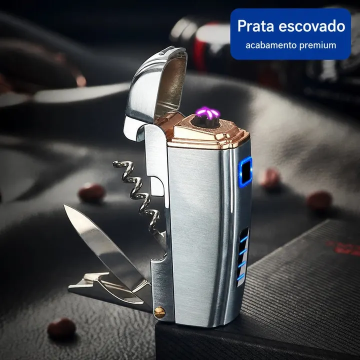 isqueiro-eletrico-recarregavel-multifuncional-prata-escovado - Acabamento prata escovado em imagem de detalhe.