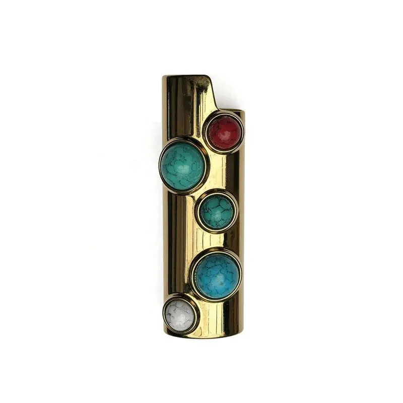 Porta-Isqueiro BIC Luxo Dourado com Pedras Turquesa